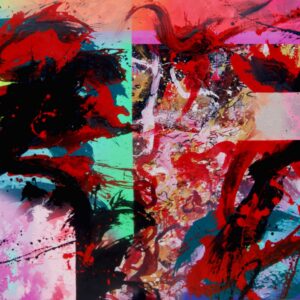 Elisa Faustina, ‘Inner Peace #4: Confronting Fear’ 2022, Acrylic paint, oil paint, spray paint and modelling paste on canvas, 150 x 200 cm. Image from Artsy