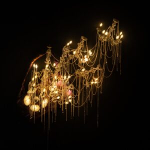 Jompet Kuswidananto, ‘Love is a Many Splendored Thing #8’, 2023, Car door, glass chandeliers, 200 x 70 x 200 cm. Image from Artsy