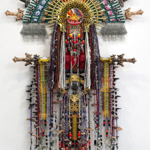 Anne Samat, 'Mother (weave through eternity) #1', 2022, rattan sticks, kitchen and garden utensils, beads ceramic, metal and plastic ornaments, 167.6 x 96.5 x 12.7 cm. Image from Marc Straus Gallery