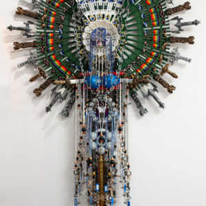 Anne Samat, 'Sewing the Seeds of Love, Courage and Hope #3', 2021, rattan sticks, kitchen and garden utensils, beads ceramic, metal and plastic ornaments, 226 x 132 x 17.8 cm. Image from Marc Straus Gallery