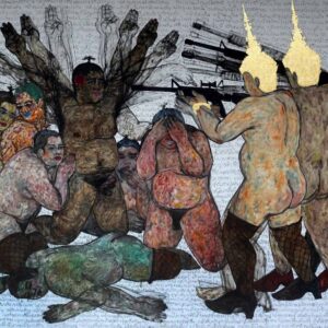 Anuwat Apimukmongkon, 'BangLee on the 3rd of May (Dialogue with Francisco Goya)', 2019, oil and gold leaf on canvas, 150 x 200 cm. Image from Art & Market