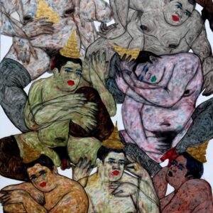 Anuwat Apimukmongkon, 'No stranger No. 3', 2019, oil and gold leaf on canvas, 130 x 150 cm. Image from Tang Contemporary Art