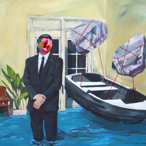 Iqi-Qoror-‘The-Floating-Boat-2022-Mixed-Media-Acrylic-Wool-on-Canvas.-109.2-x-129.5-cm.-Image-from-Artsy