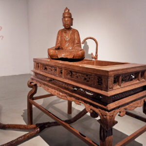 Le Hien Minh, 'The Gods of Expectation', 2021, Vietnamese handmade Dó paper, wooden table, washing machine metal, kitchen sink, metal faucet, wooden bed, polypropylene tube, wooden statues. Image from the artist's website