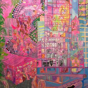 Maria Jeona Zoleta,’My Body is a 5 Star Hotel for Puppies’, 2023, acrylic on canvas, 152 x 122cm. Image courtesy of Ocula Art