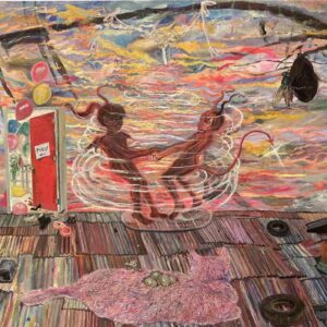 Marina Jeona Zoleta, ’Spinning thru the cracks of a feather’, 2022, oil on canvas, 91.4 x 132.1 cm. Image courtesy of Artsy