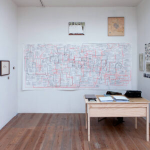 Sawangwongse Yawnghwe,'Yawnghwe Office in Exile', 2015, Paintings, drawings, a table, chair, and metal plate, Dimensions variable, Installation photograph ‘Kamarado’, Stedelijk Museum Bureau Amsterdam, Image courtesy of the artist