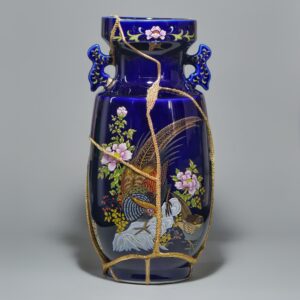 Thanistha Nunthapojn, ‘The Fragile Objects : Dark Blue Vase', 2021, darning, ceramic, and kintsugi, 16 x 16 x 32.5 cm. Image from La Lanta