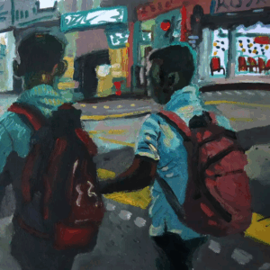 Yeo Tze Yang, 'Two Guys Talking', 2021, oil on paper, 29.7 x 42 cm. Image from Artsy